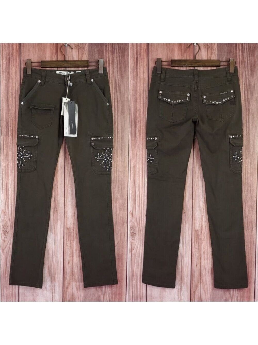 *READ* NWT Miss Me Size 25 Skinny Cargo Pants Cross Embellished Olive CP1270
